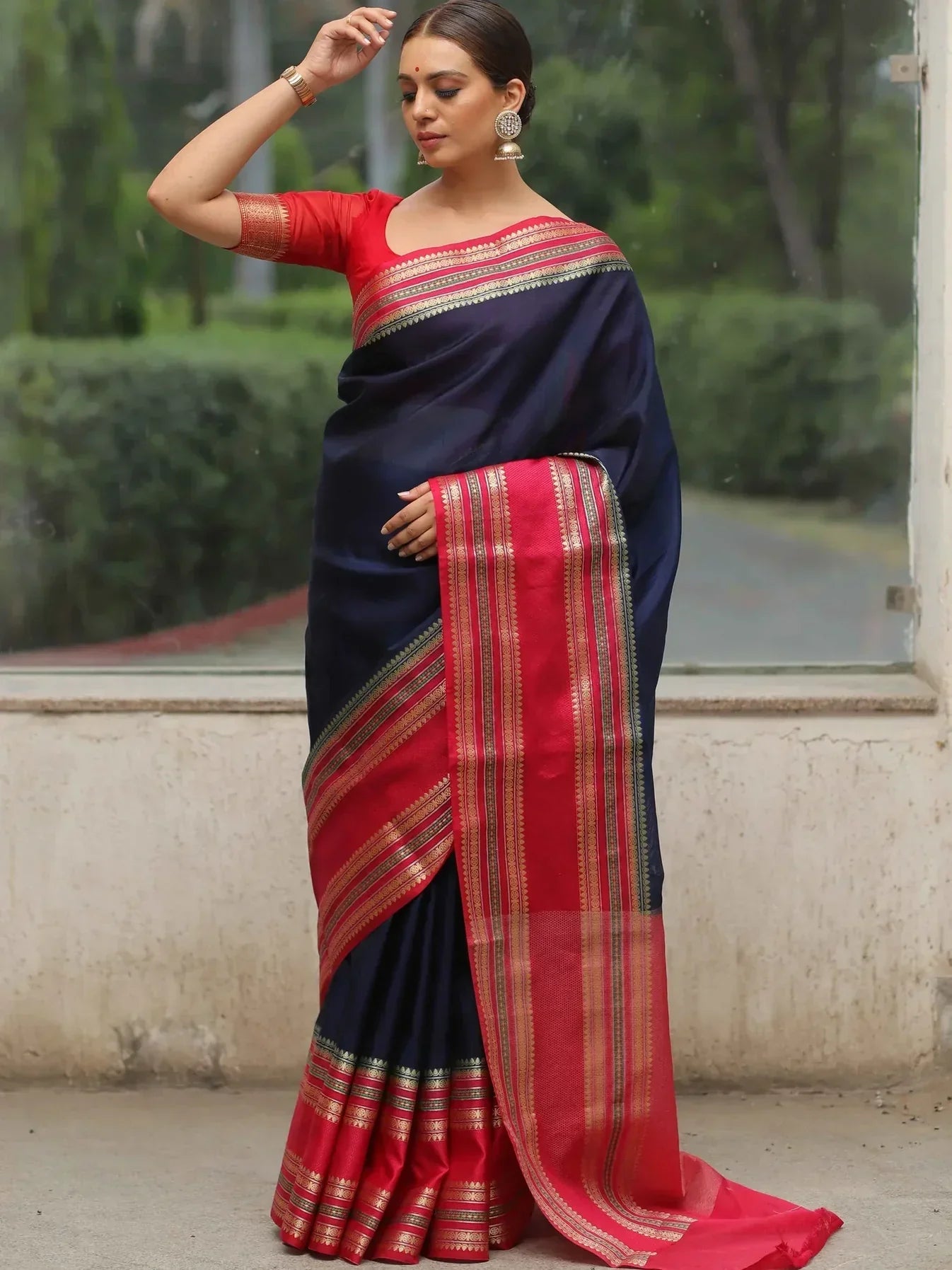 Banarasee Handwoven Semi Silk Plain Saree With Broad Zari & Contrast Border-Blue & Red