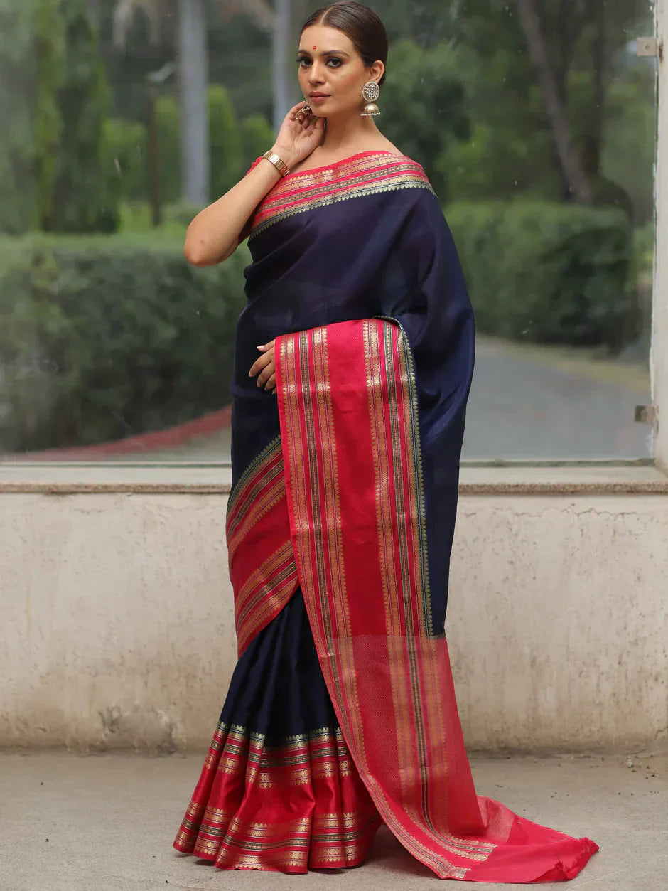 Banarasee Handwoven Semi Silk Plain Saree With Broad Zari & Contrast Border-Blue & Red