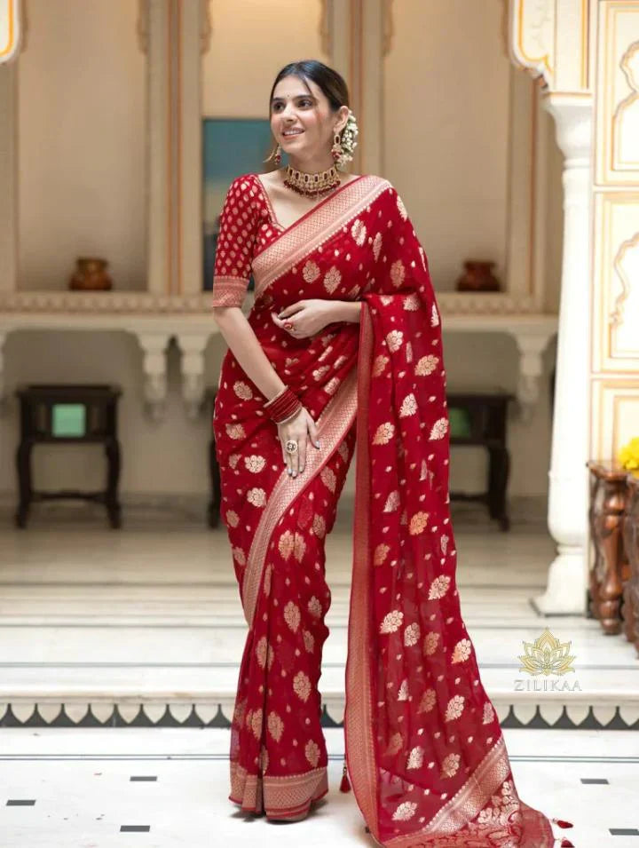 Scarlet Red Banarasi Khaddi Weaved Georgette Saree