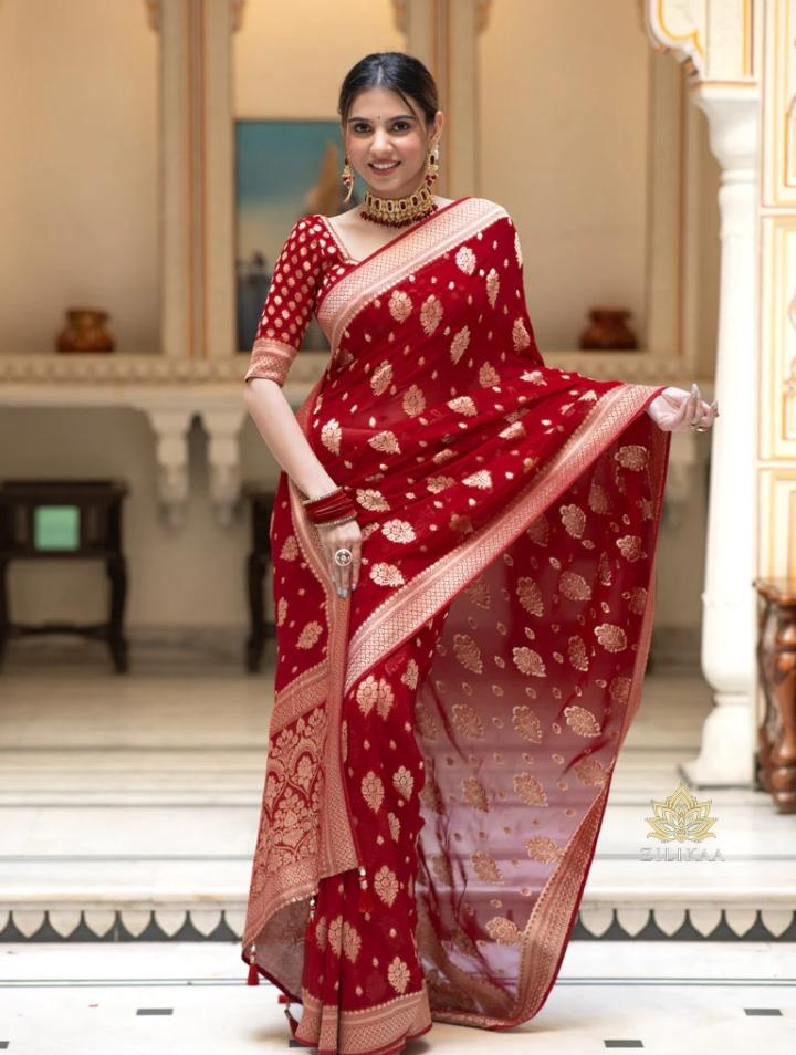 Scarlet Red Banarasi Khaddi Weaved Georgette Saree