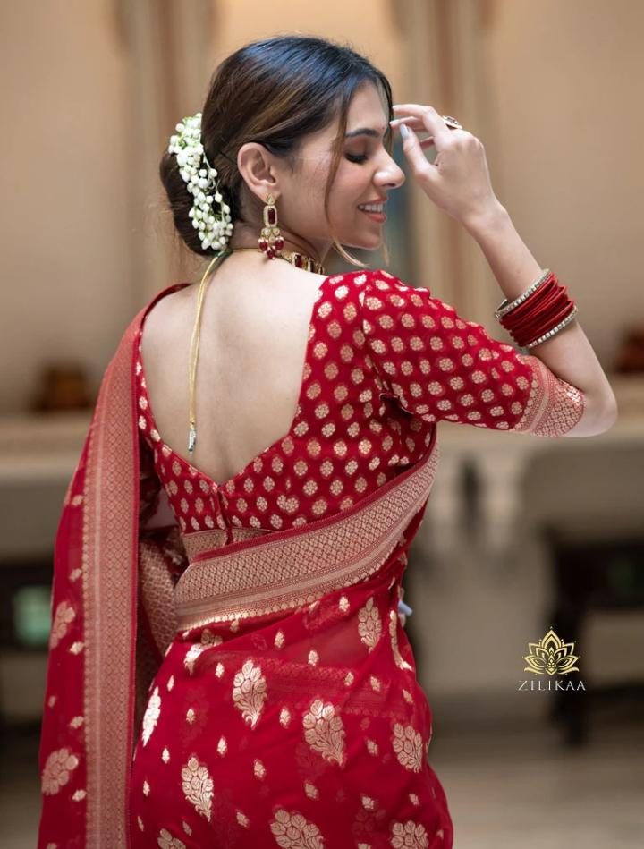 Scarlet Red Banarasi Khaddi Weaved Georgette Saree