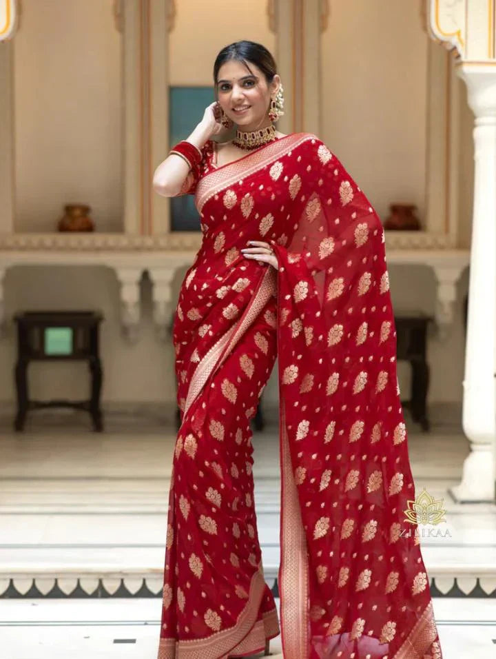 Scarlet Red Banarasi Khaddi Weaved Georgette Saree