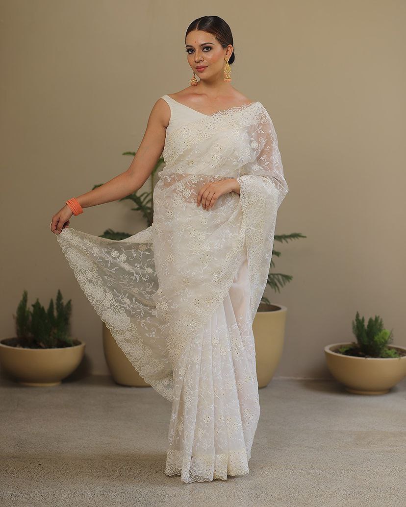 Pure soft Off-white silk  organza saree