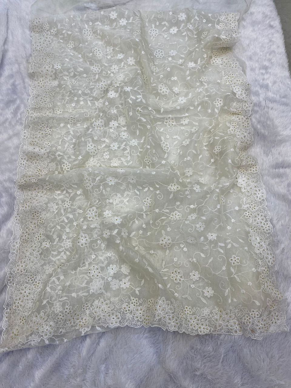 Pure soft Off-white silk  organza saree