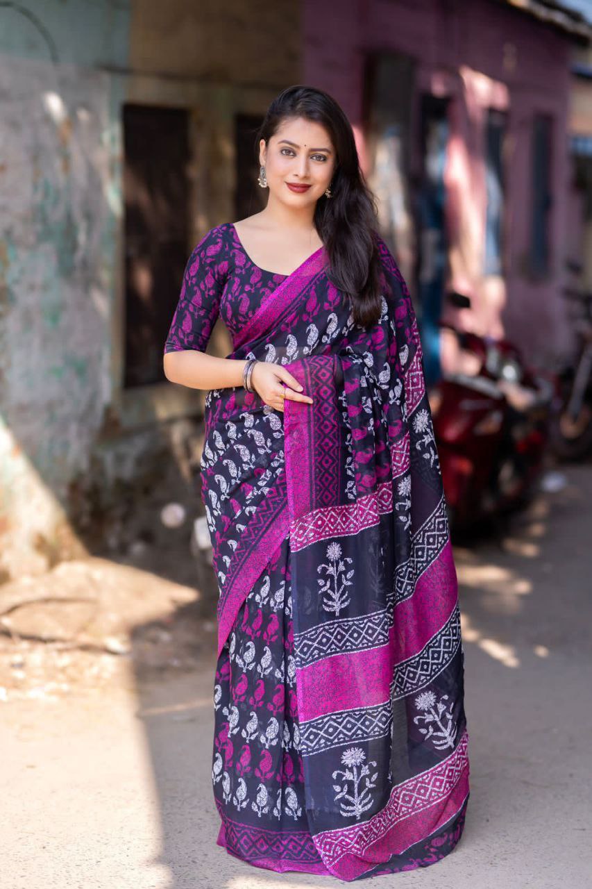 New printed linen saree