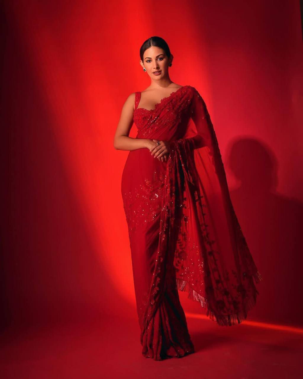 BOLLYWOOD STYLE KARVA CHOTH RED SEQUENCE SAREE