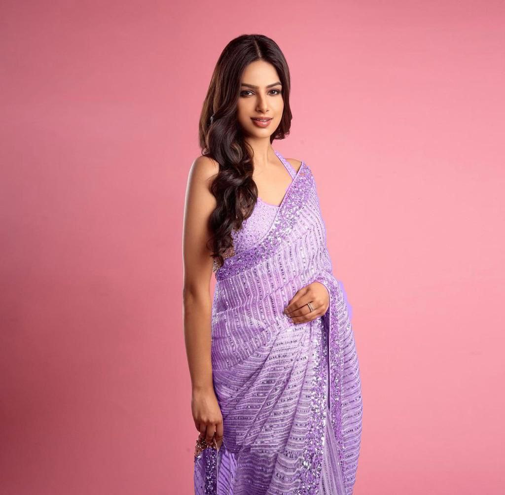 MISS UNIVERSE WEARS A NEW PARTY WEAR SEQUENCE EMBROIDERED WORK SAREE