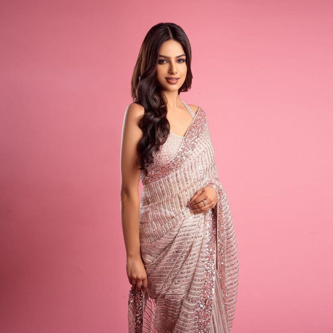 MISS UNIVERSE WEARS A NEW PARTY WEAR SEQUENCE EMBROIDERED WORK SAREE