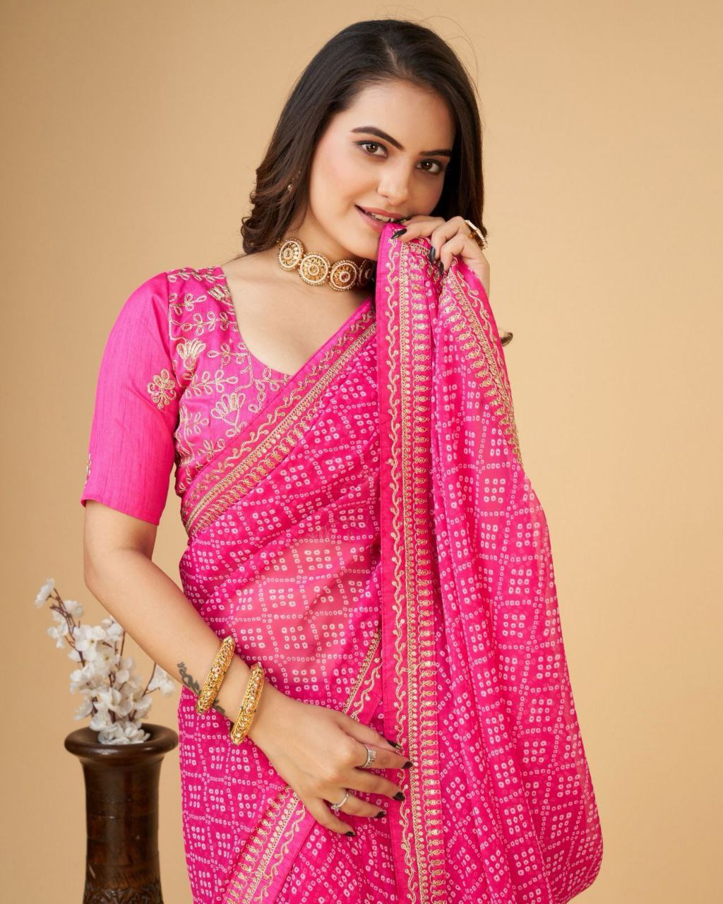 Beautiful Bandhni print with Zari embroidery  work lace Saree