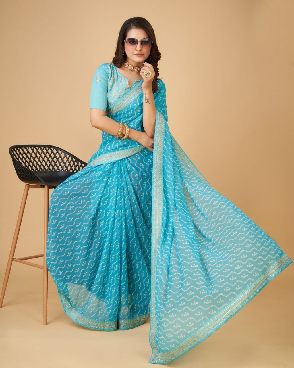 Beautiful Bandhni print with Zari embroidery  work lace Saree