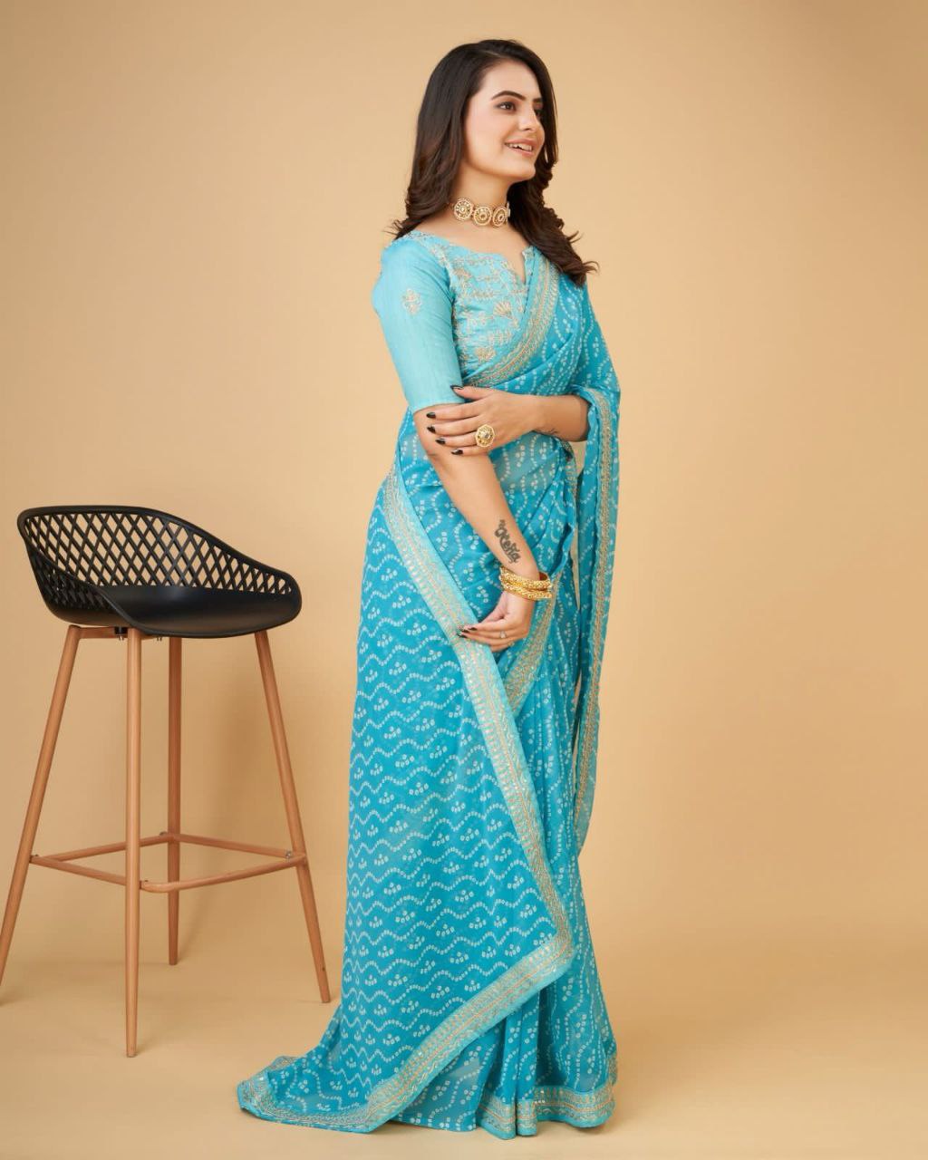 Beautiful Bandhni print with Zari embroidery  work lace Saree