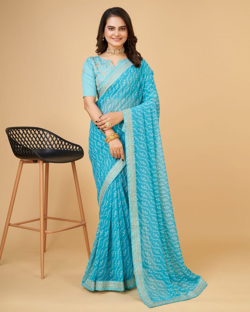 Beautiful Bandhni print with Zari embroidery  work lace Saree