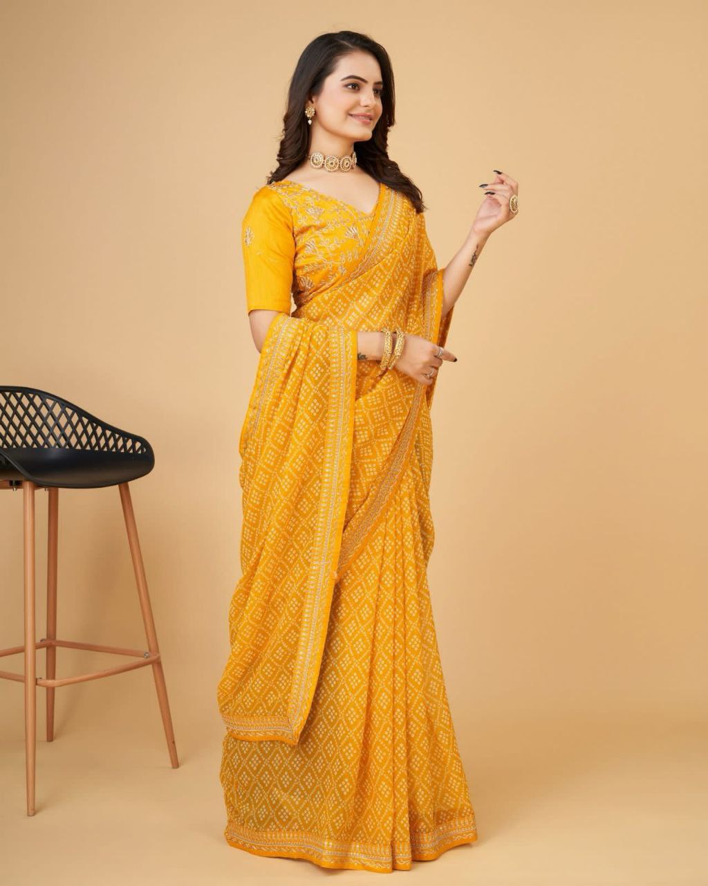 Beautiful Bandhni print with Zari embroidery  work lace Saree