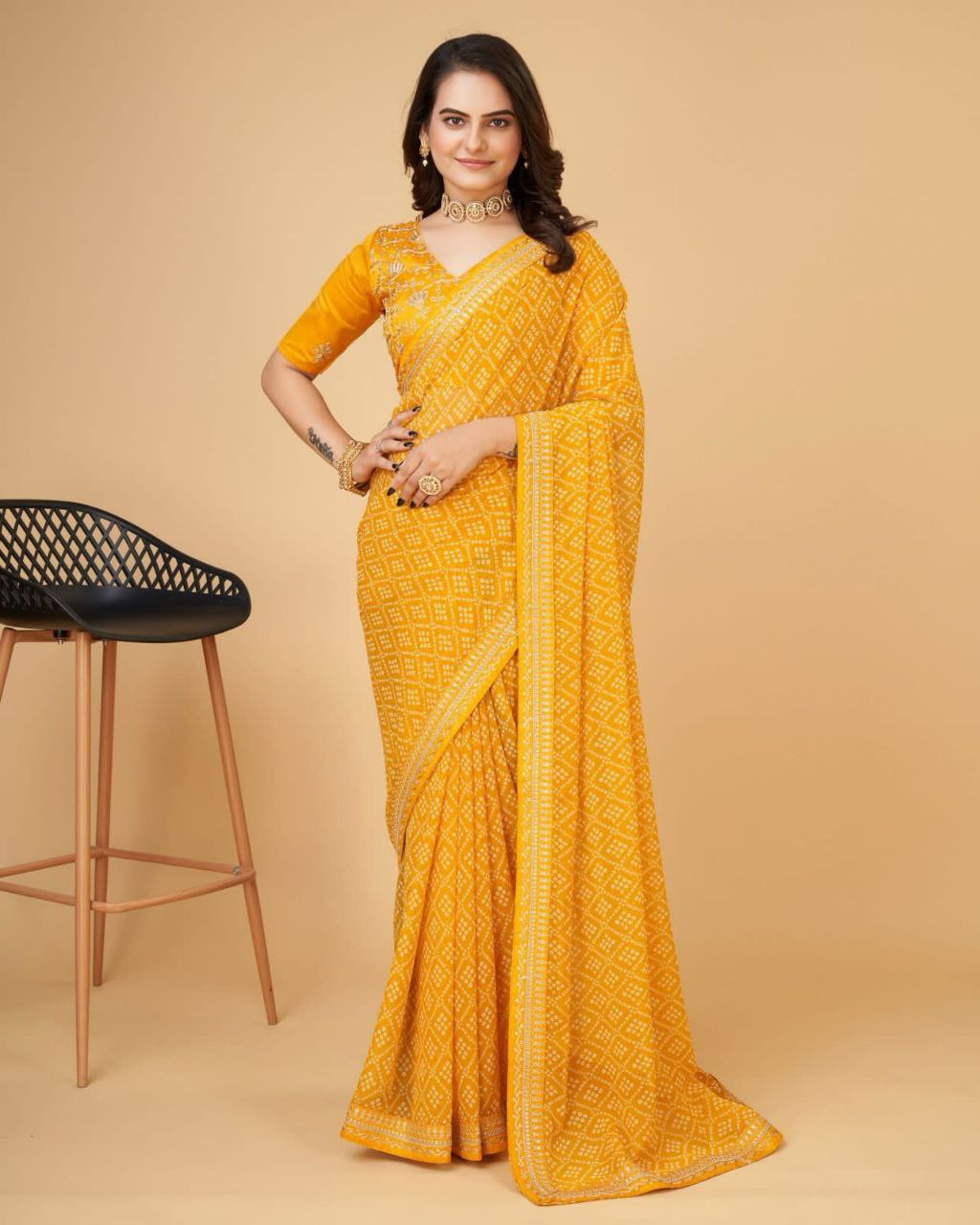 Beautiful Bandhni print with Zari embroidery  work lace Saree