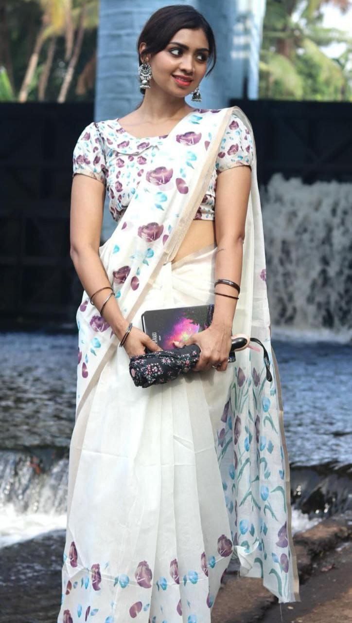 Plain Linen With Digital Print Saree