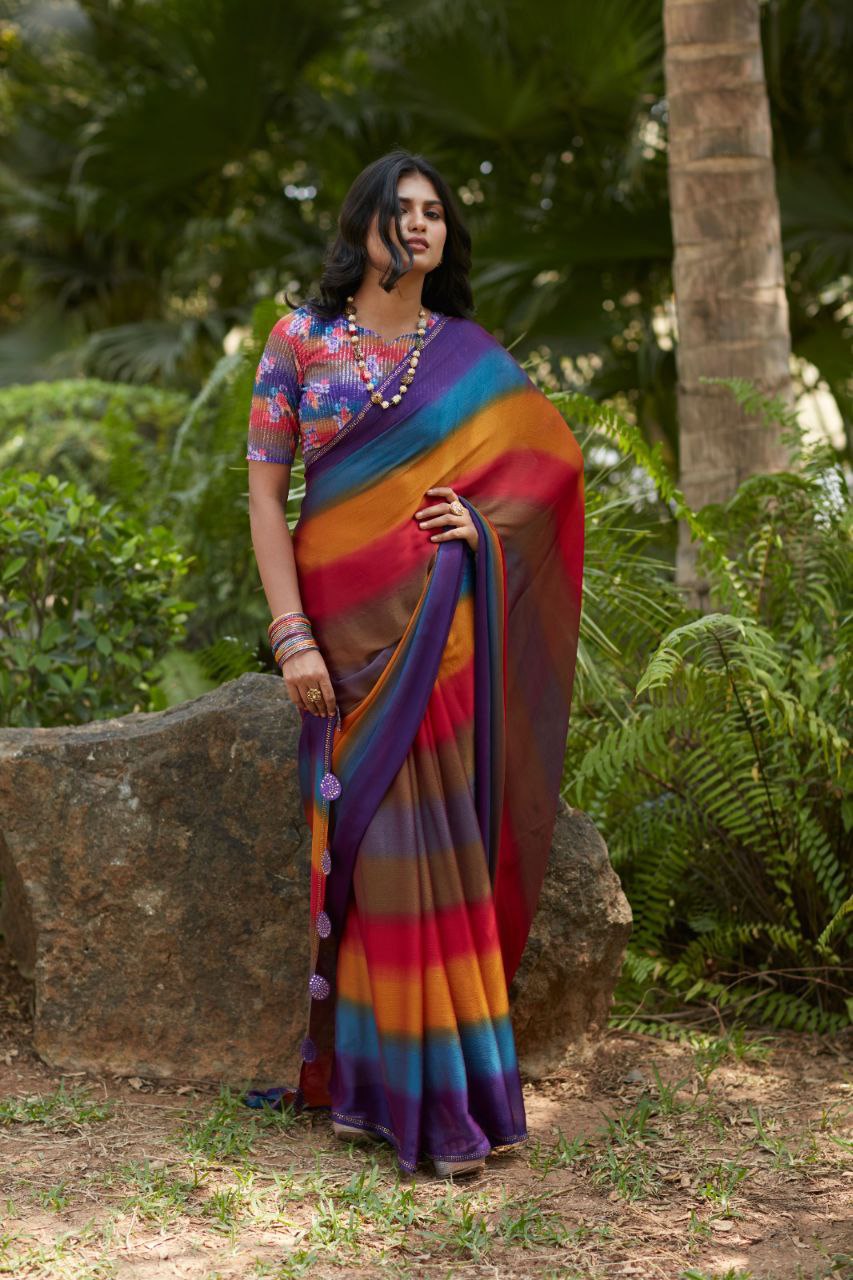 3D Velvet Chiffon Saree