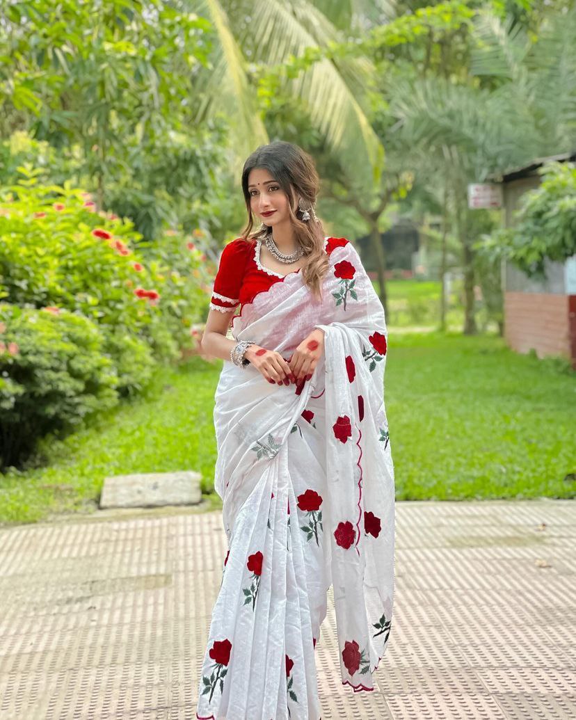 Pure Soft Chanderi Cotton With Red Rose Thread Work  Saree