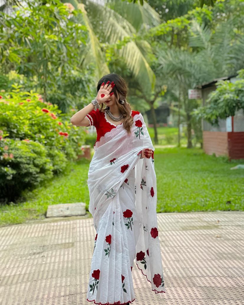 Pure Soft Chanderi Cotton With Red Rose Thread Work  Saree