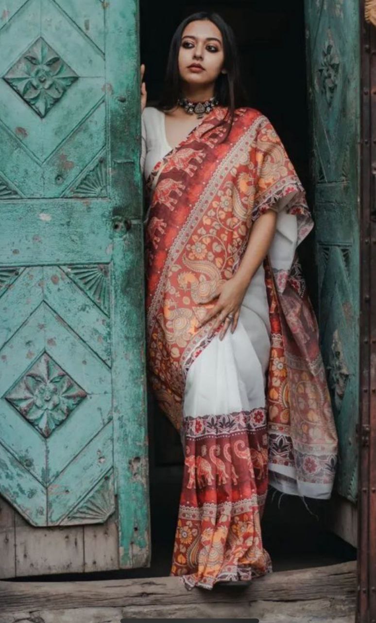 Plain Linen with digital print Saree