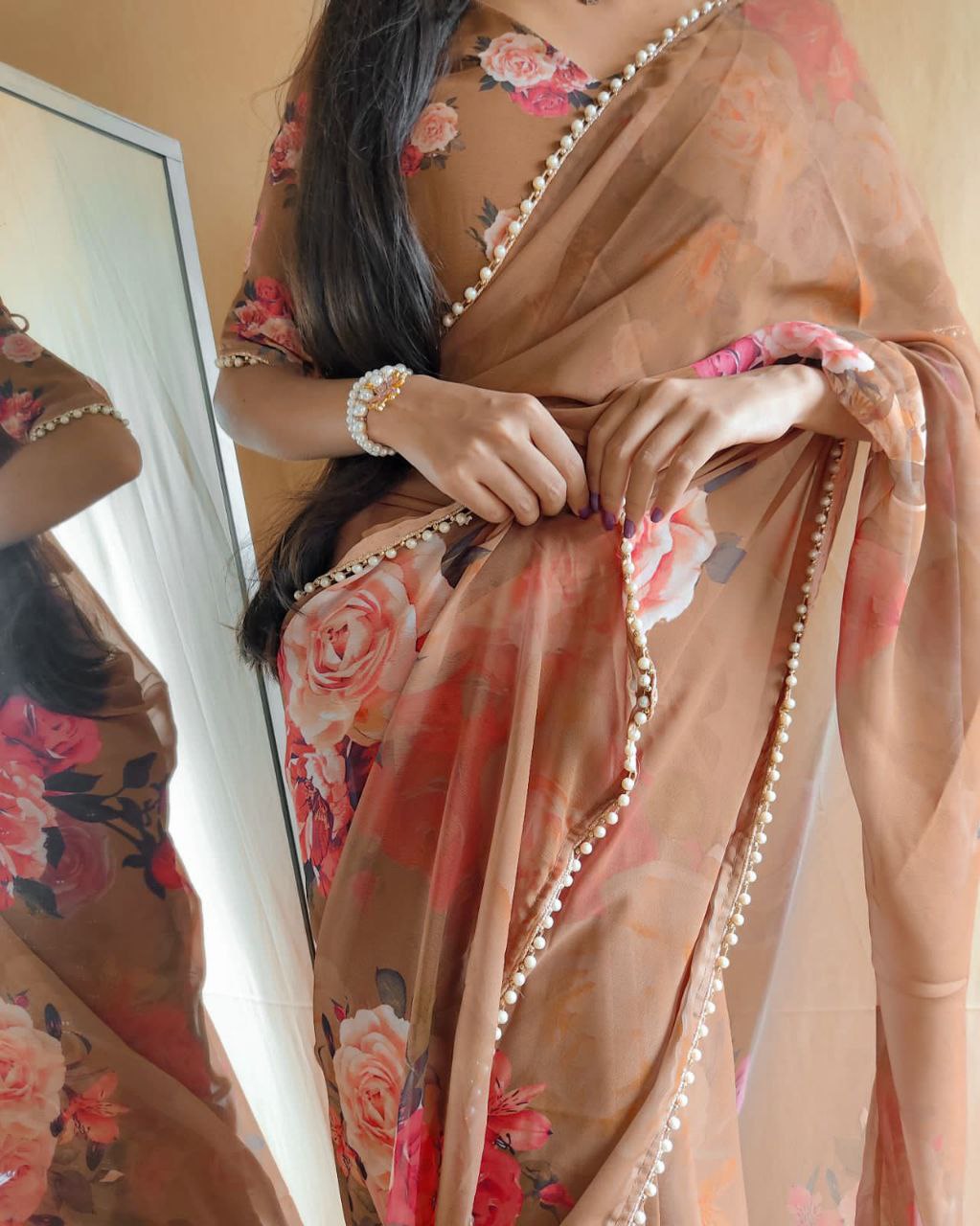 Printed with pearl lace border Saree