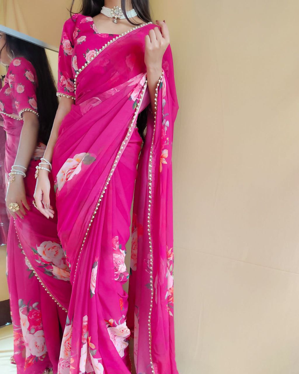 Printed with pearl lace border saree