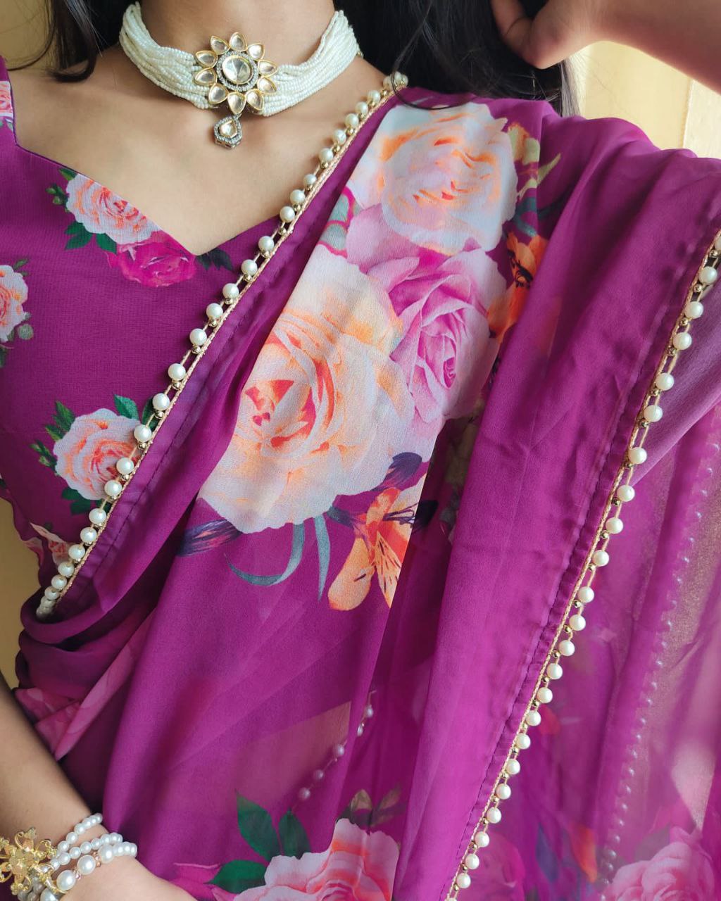 Printed with pearl lace border saree