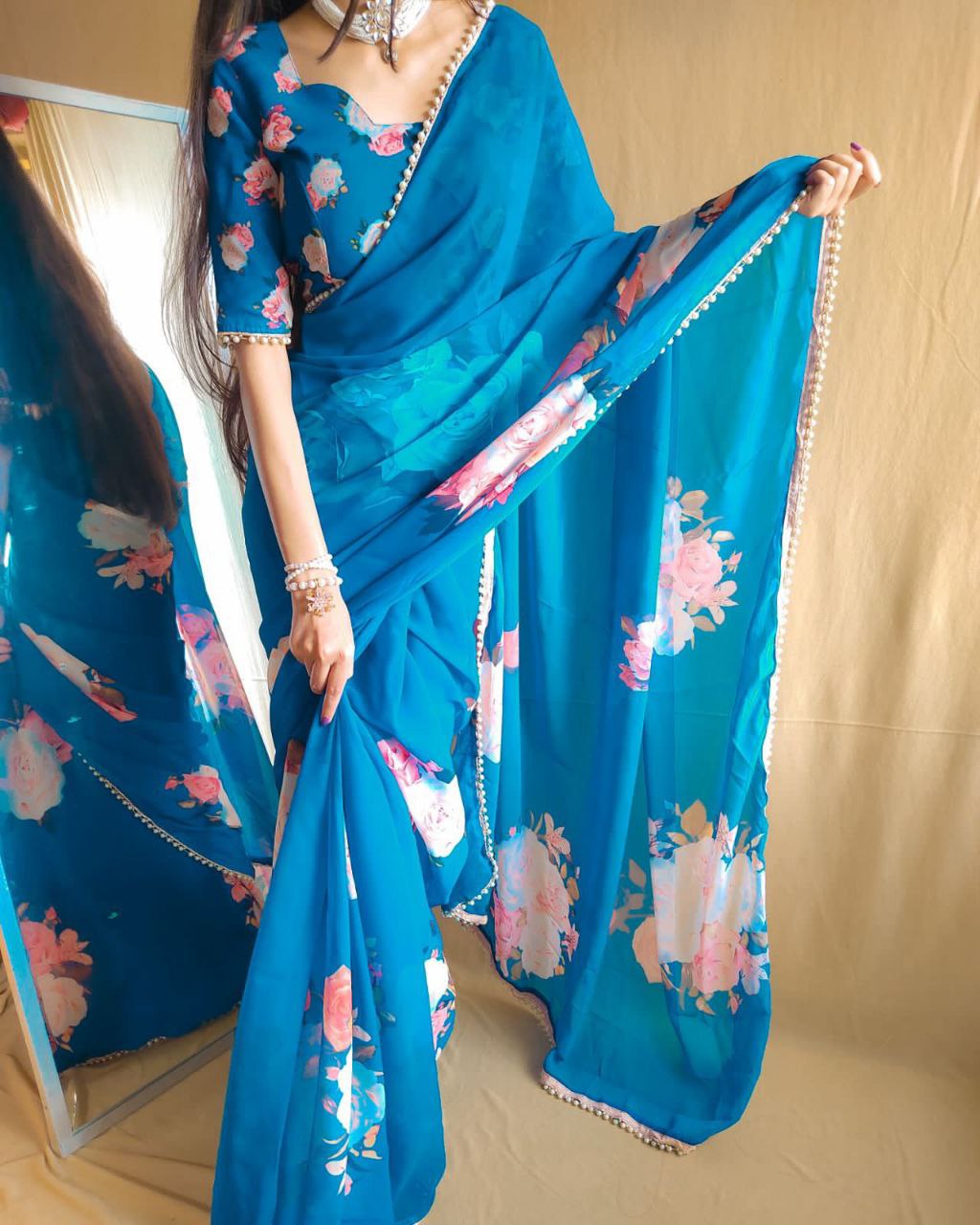 Printed with pearl lace border saree