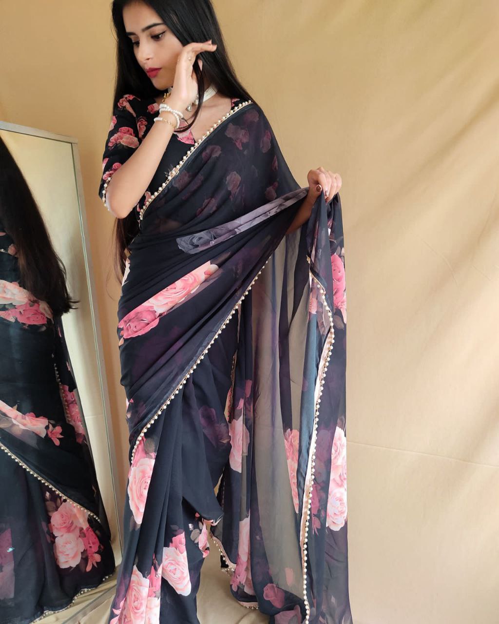 Printed with pearl lace border saree