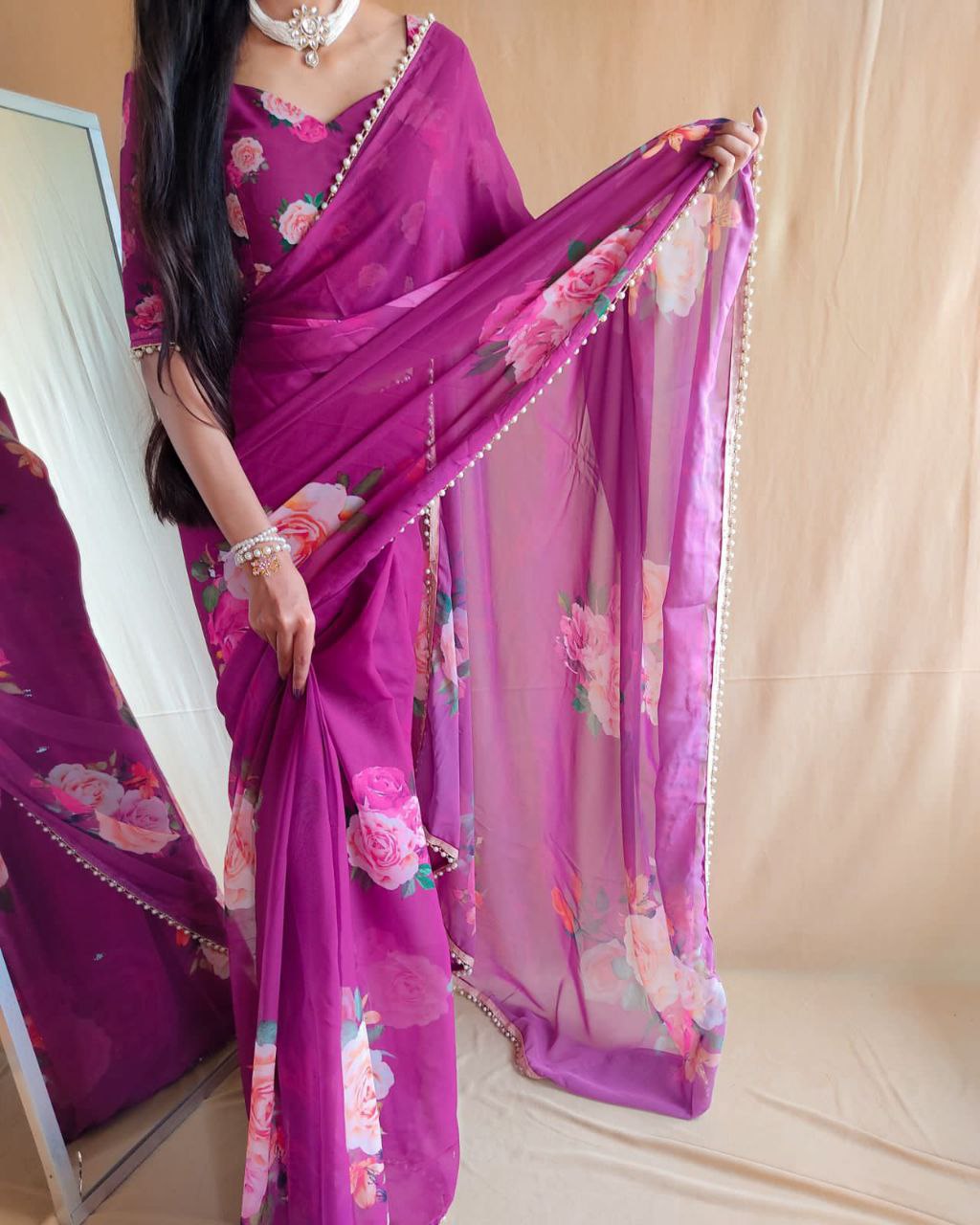 Printed with pearl lace border saree