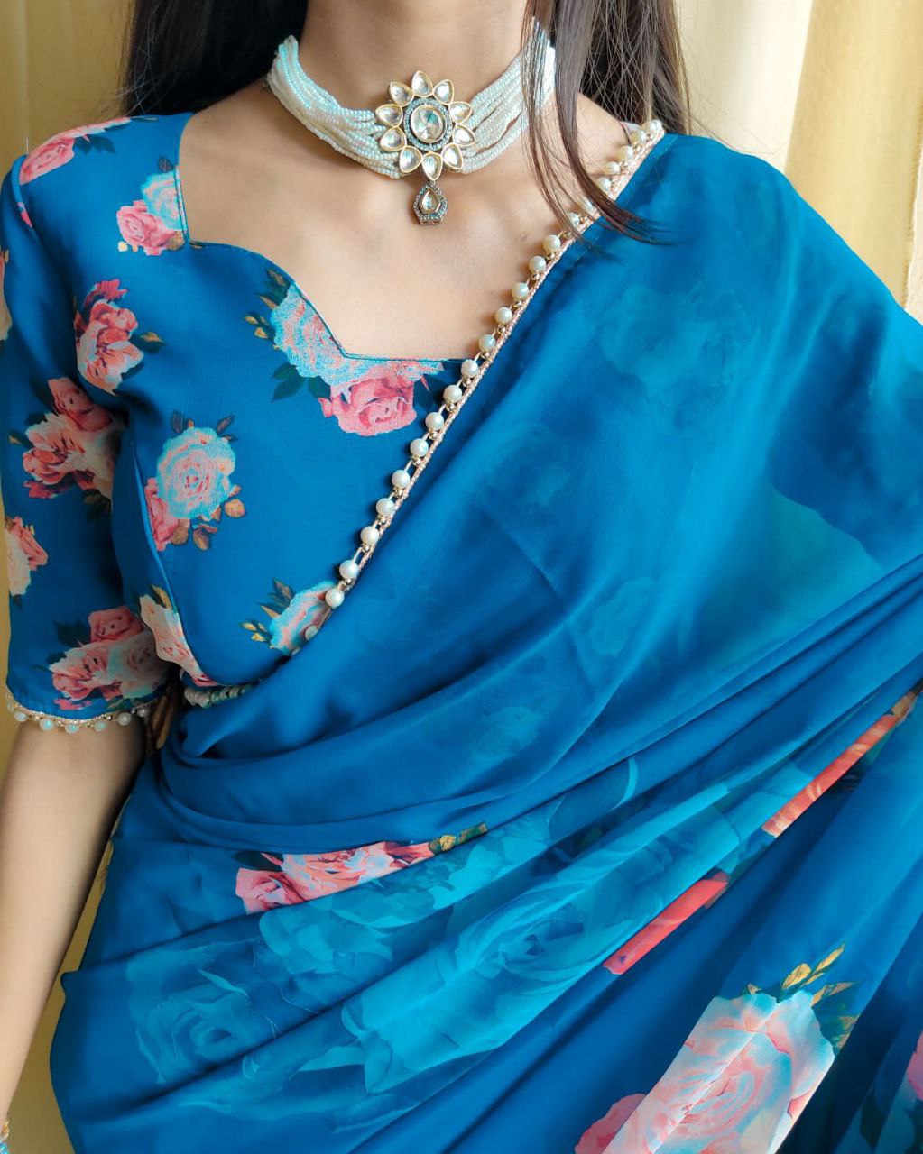 Printed with pearl lace border saree