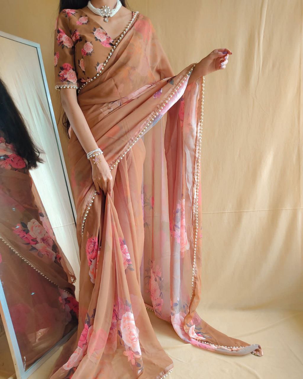 Printed with pearl lace border Saree