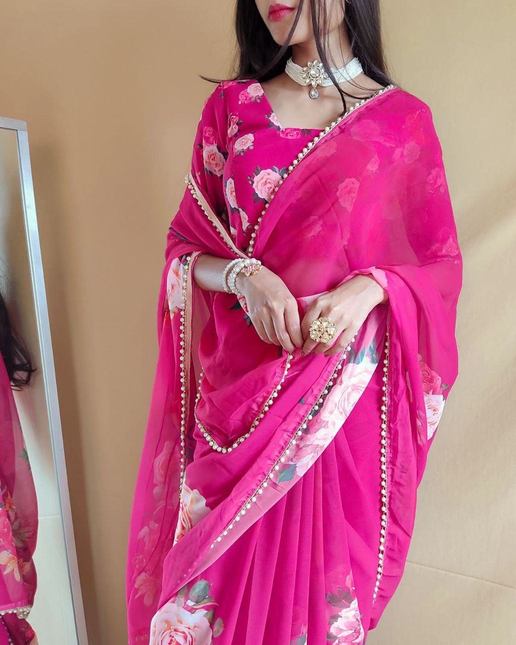 Printed with pearl lace border saree