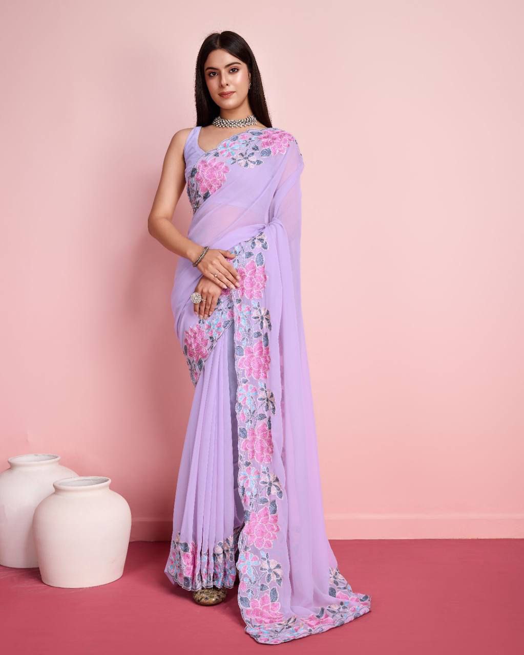 Georgette with embroidery cute work  saree