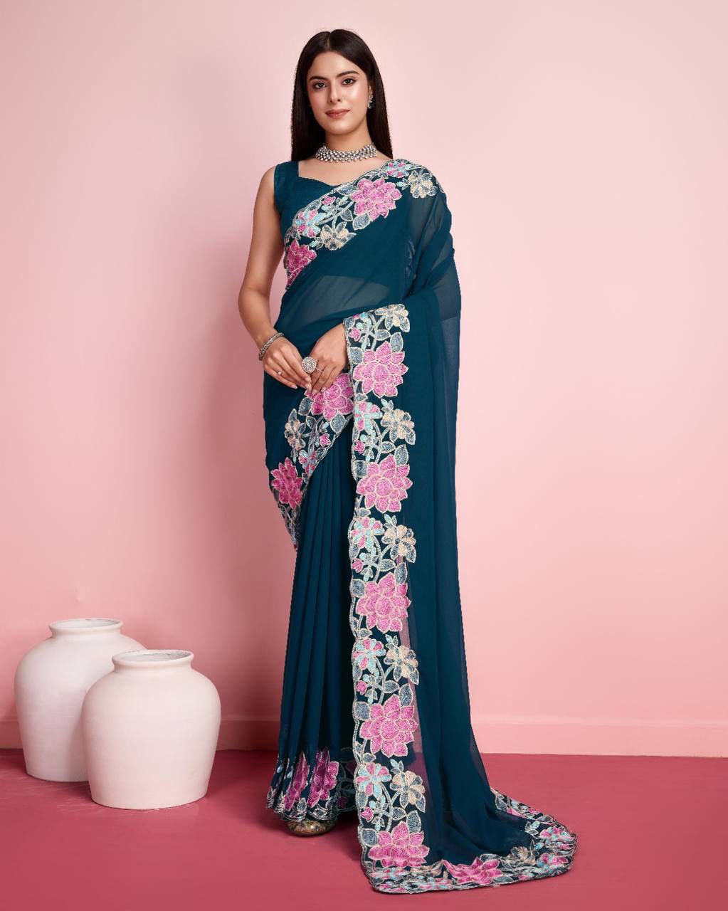 Georgette with embroidery cute work saree