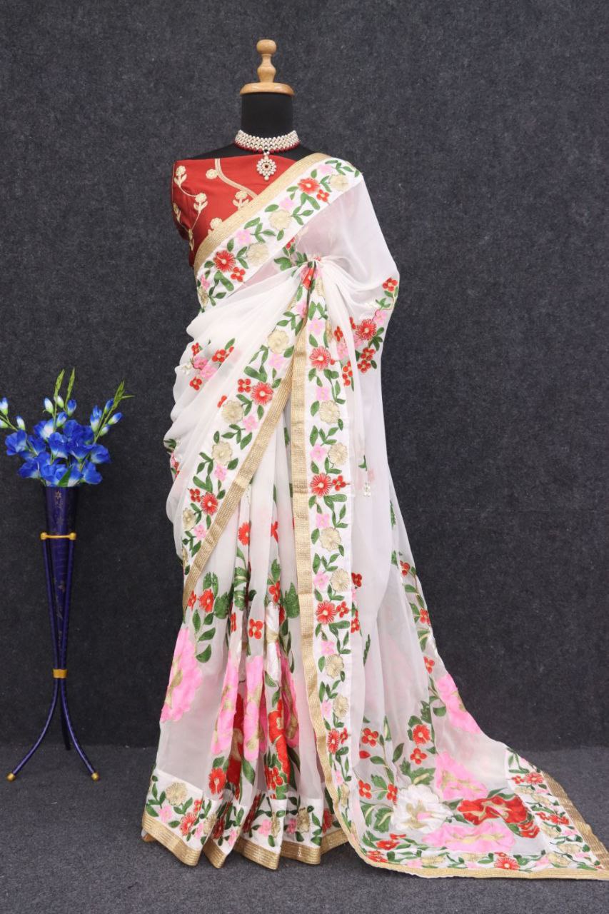 Chainstich Work Saree