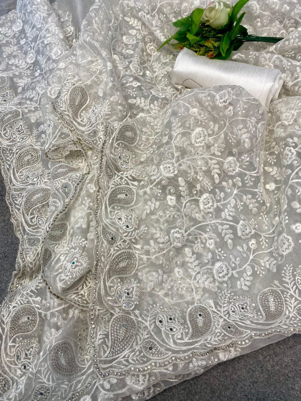 Pure soft Off-white silk  organza saree