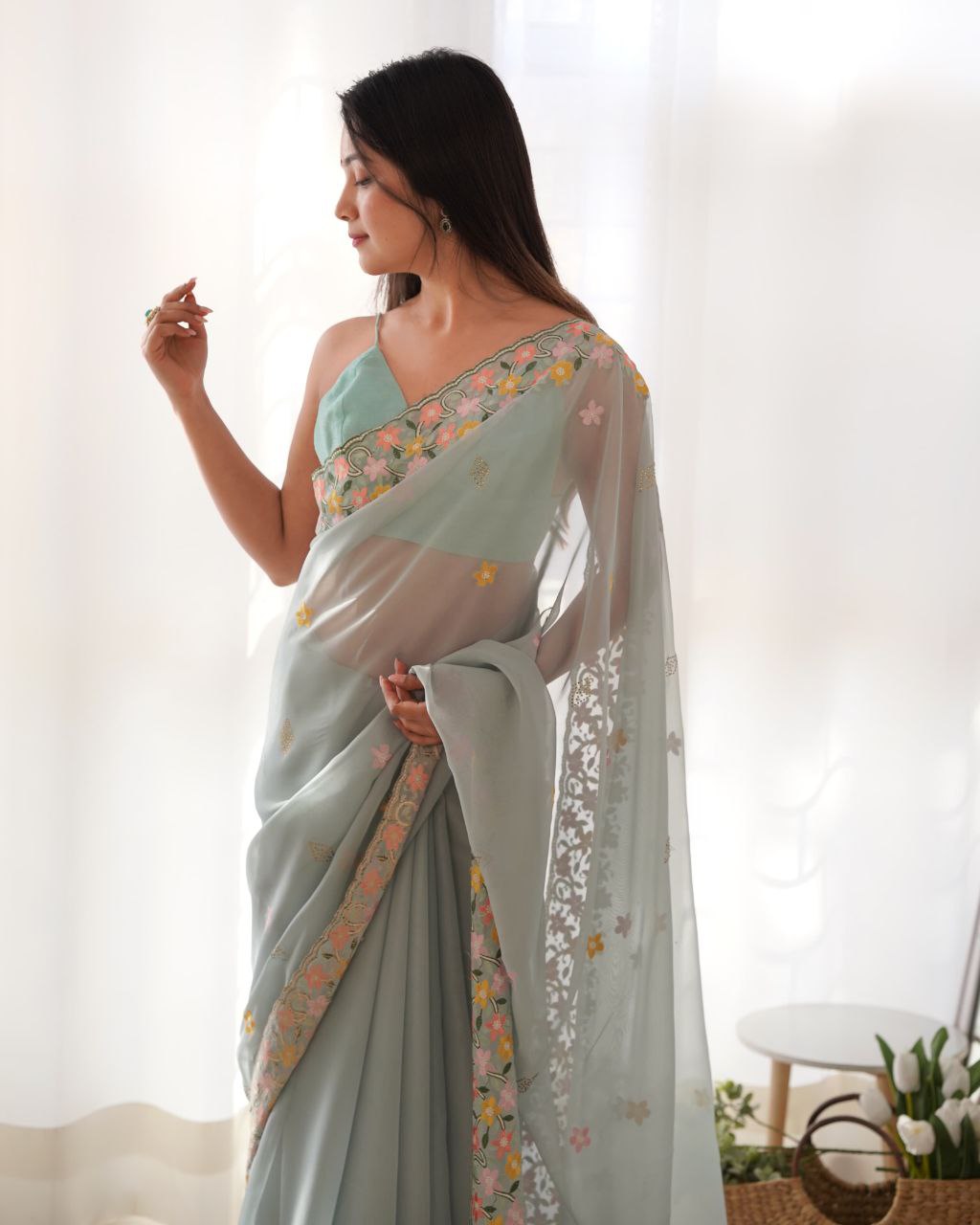 Designer Floral Embroidery Work border Saree