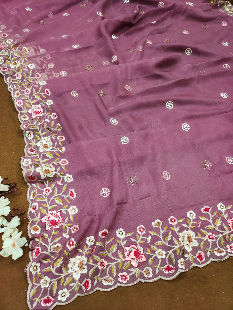 Designer Floral Embroidery Work border Saree