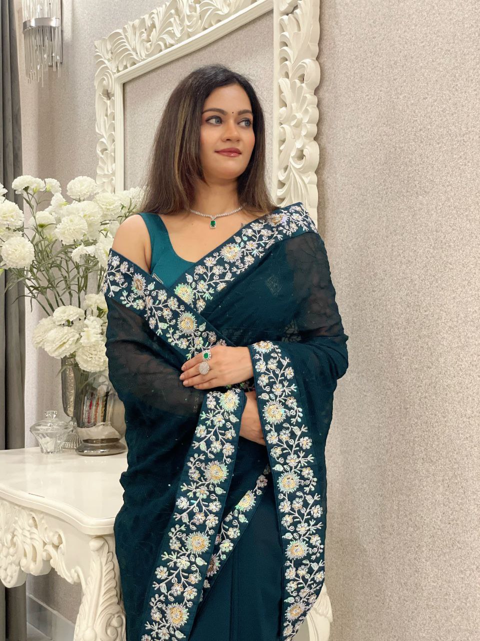 Designer Floral Embroidery Work Saree