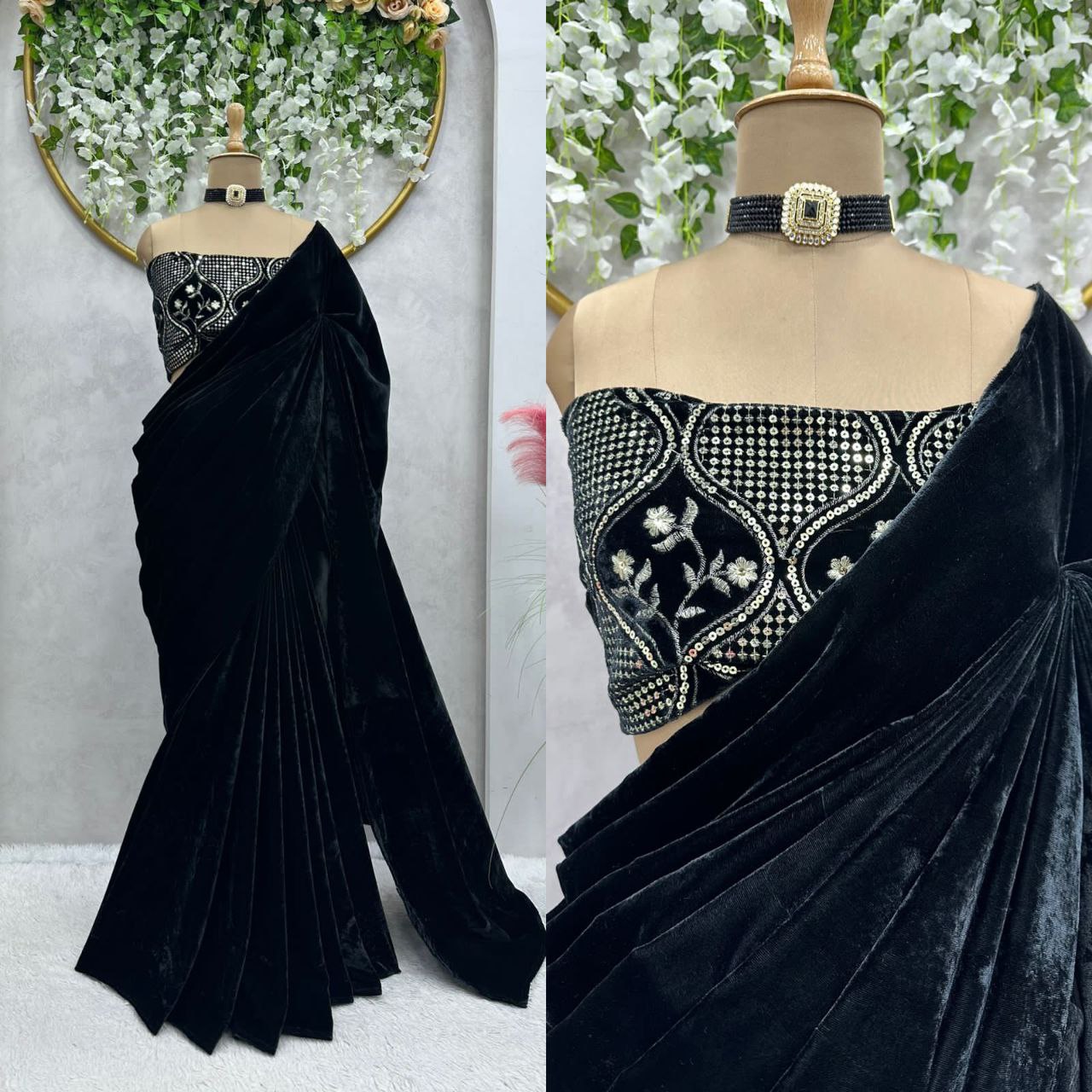 Beautiful Designer Saree on  Velvet Fabric