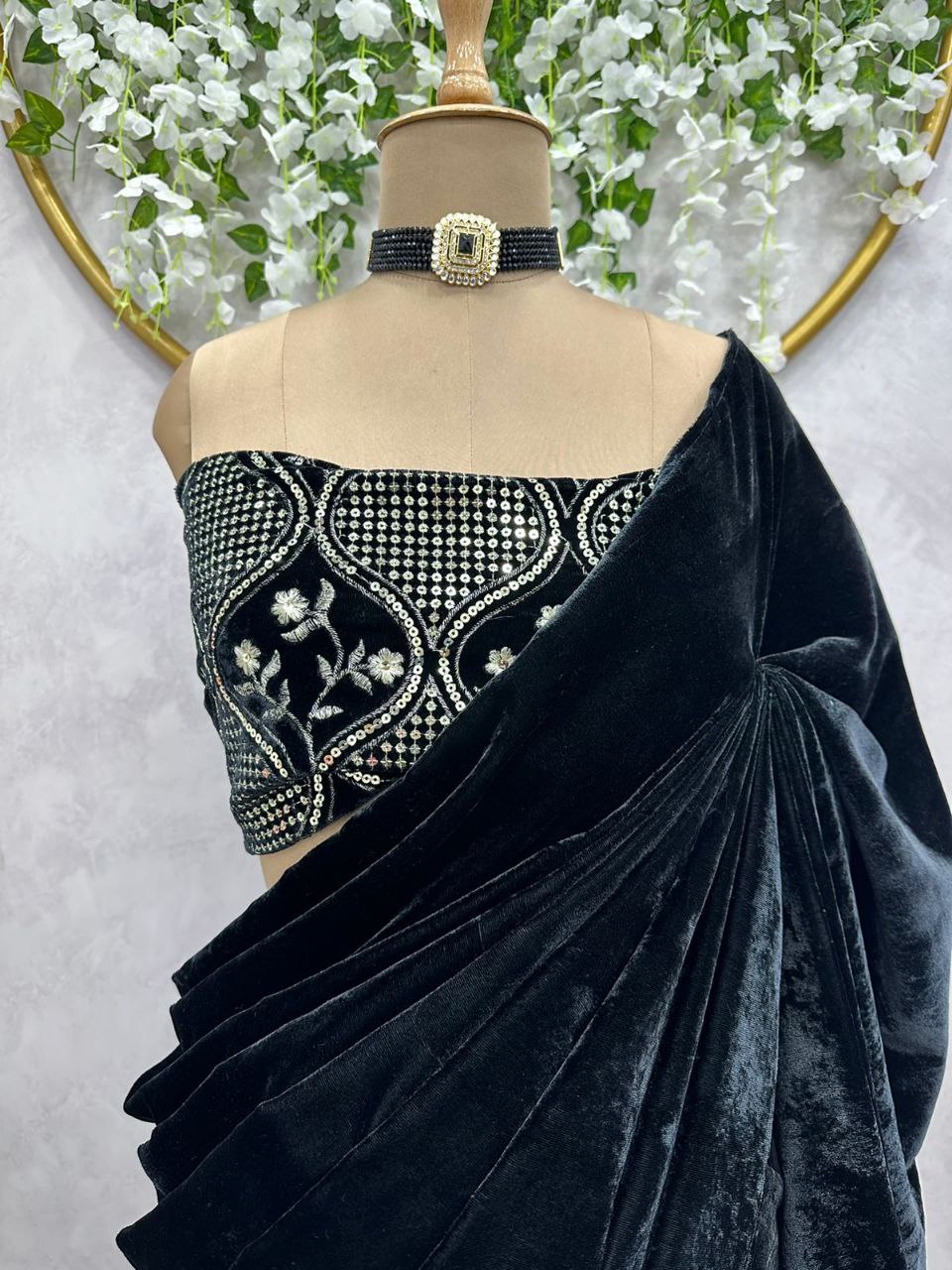 Beautiful Designer Saree on  Velvet Fabric