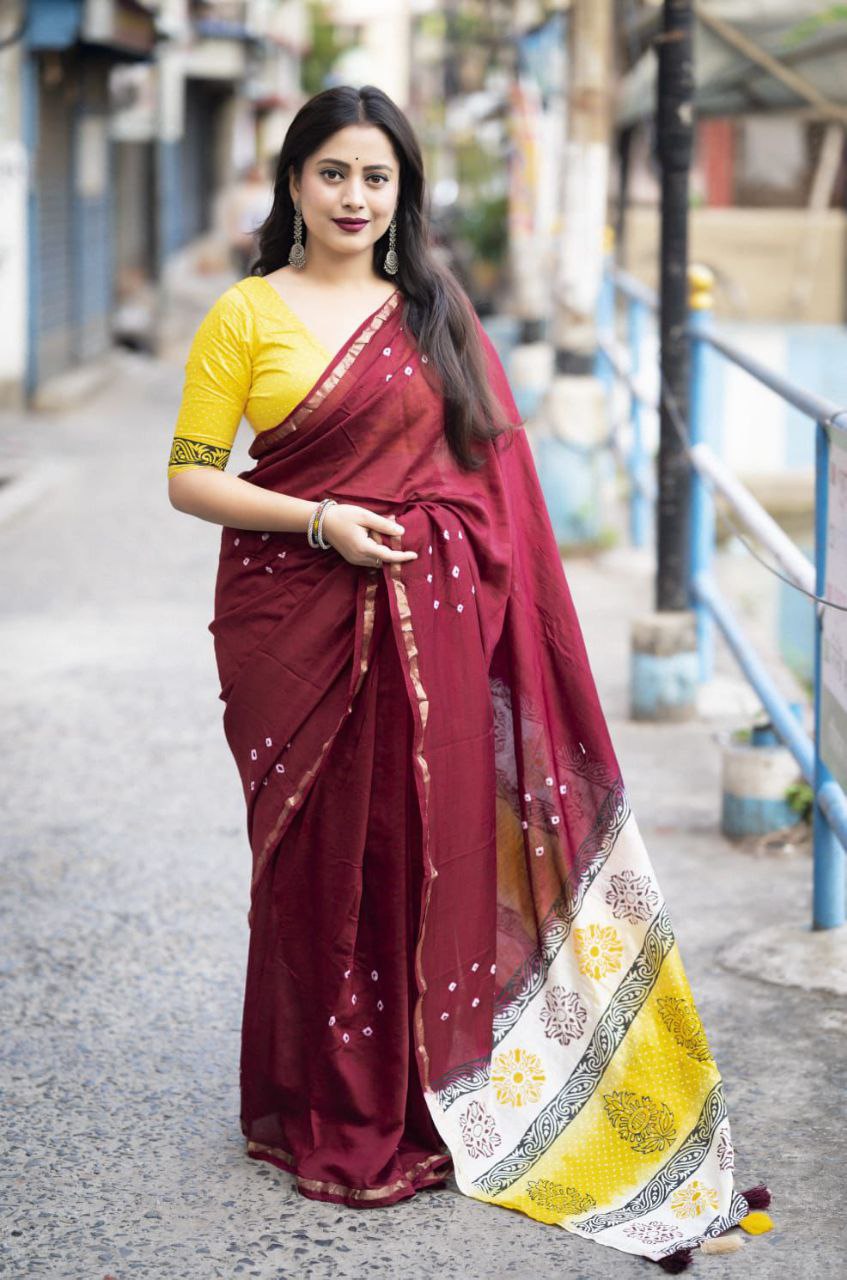 New premium hand she bandani with blovk print saree