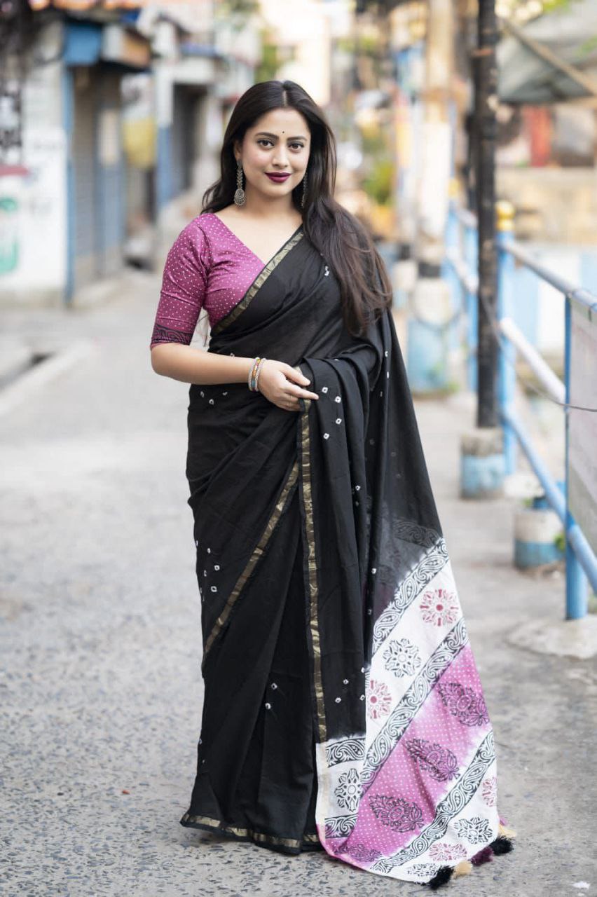 New premium hand she bandani with blovk print saree