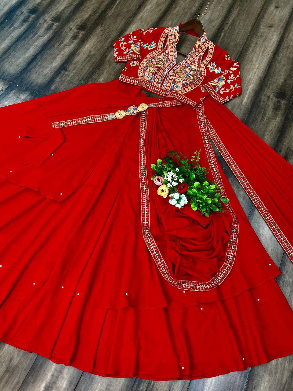 STYLIST EXCLUSIVE FANCY PARTY WEAR FIYONA SILK LEHENGA SAREE WITH HEAVY WORK BLOUSE AND BELT