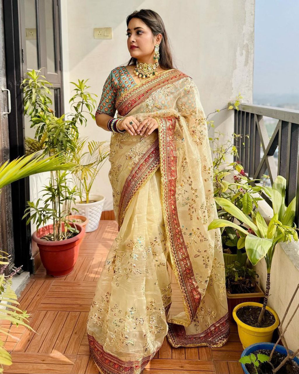 Pure soft organza brown colour organza silk saree