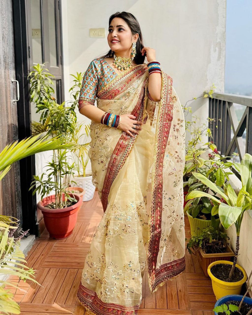 Pure soft organza brown colour organza silk saree