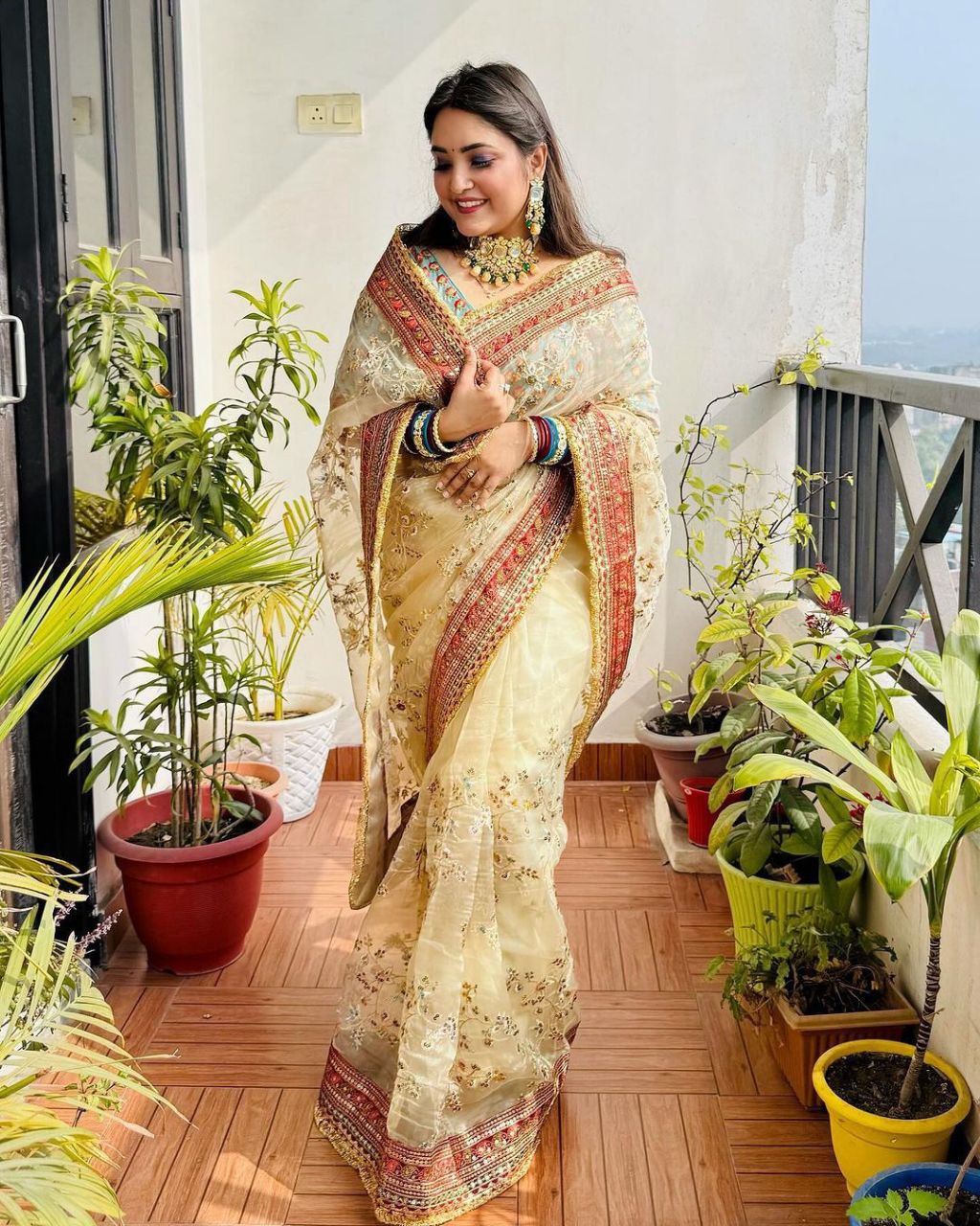 Pure soft organza brown colour organza silk saree