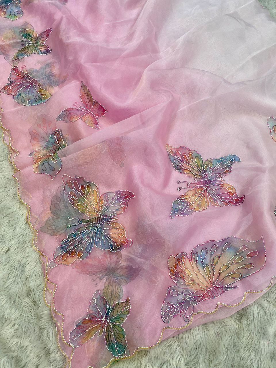 Pure Organza Butterfly Handprint Saree