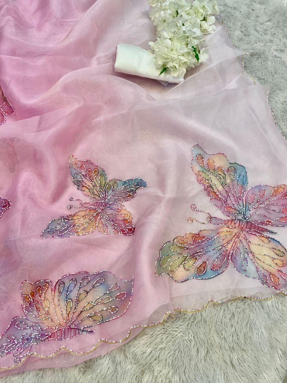 Pure Organza Butterfly Handprint Saree