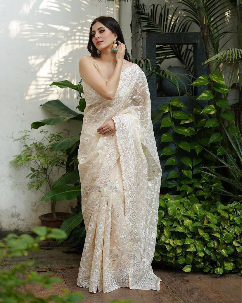 Pure soft Off-white silk  organza saree